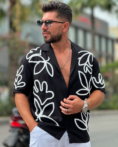 Black Floral Camp Collar Shirt